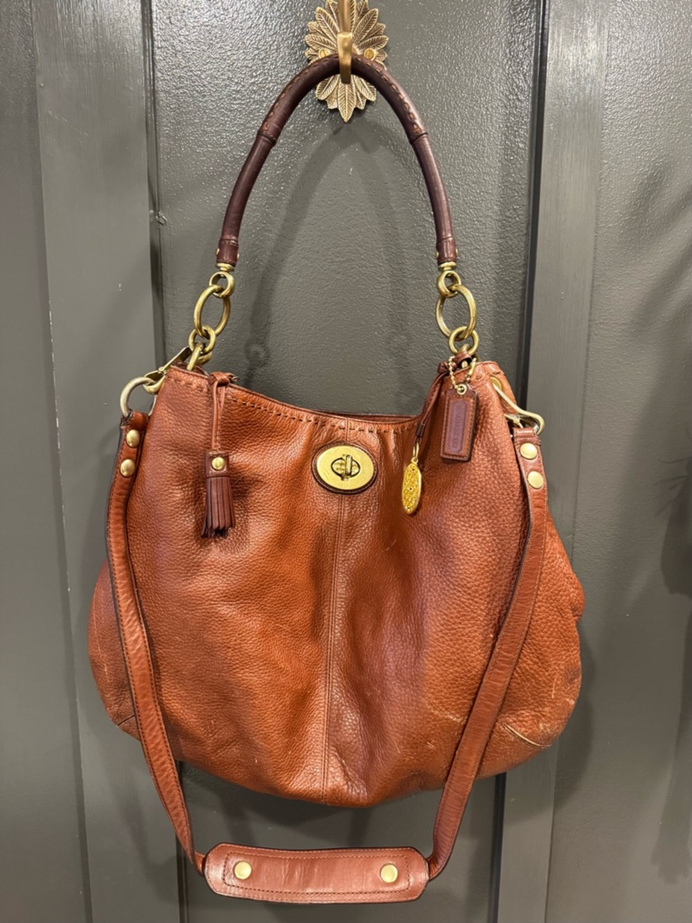 Coach Russet Brown Leather Shoulder Hobo Bag with Brass Hardware